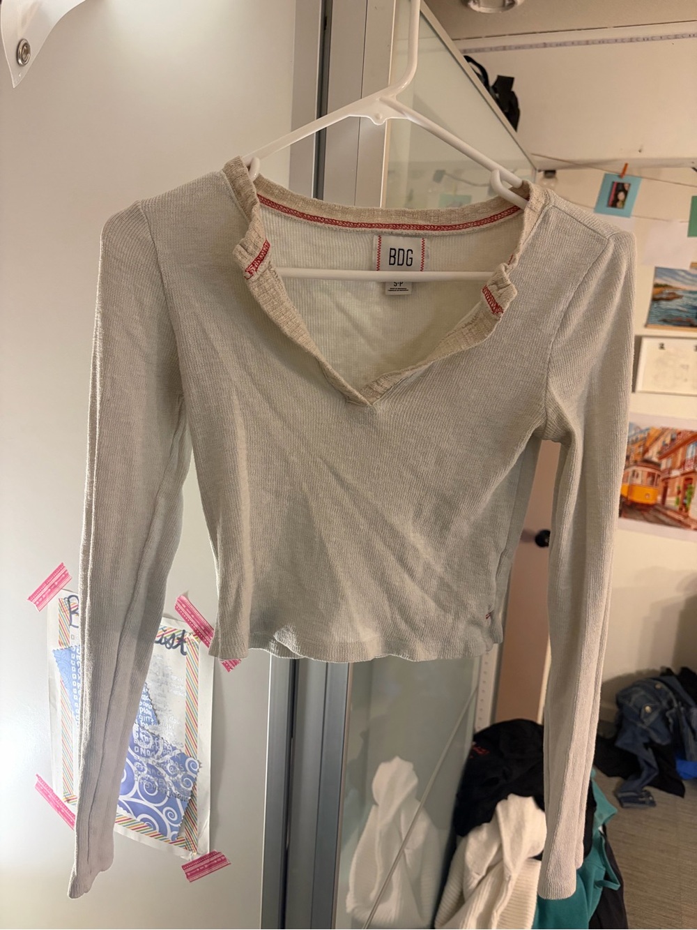 BDG Soft Cream Ribbed Long-Sleeve Top with Raw V-Neck